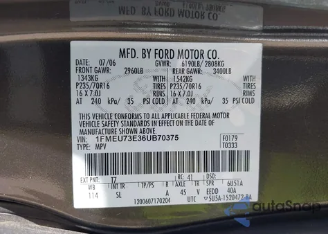 2006 Ford Explorer Xlt from USA, damaged, VIN 1FMEU73E36UB70375